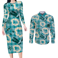 Aloha Hawaii Paniolo Teal Palaka Couples Matching Long Sleeve Bodycon Dress and Long Sleeve Button Shirt Coastal Rodeo - Polynesian Pride