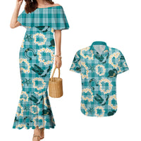 Aloha Hawaii Paniolo Teal Palaka Couples Matching Mermaid Dress and Hawaiian Shirt Coastal Rodeo - Polynesian Pride
