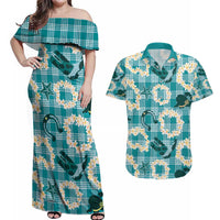 Aloha Hawaii Paniolo Teal Palaka Couples Matching Off Shoulder Maxi Dress and Hawaiian Shirt Coastal Rodeo - Polynesian Pride