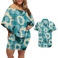Aloha Hawaii Paniolo Teal Palaka Couples Matching Off Shoulder Short Dress and Hawaiian Shirt Coastal Rodeo - Polynesian Pride