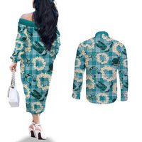 Aloha Hawaii Paniolo Teal Palaka Couples Matching Off The Shoulder Long Sleeve Dress and Long Sleeve Button Shirt Coastal Rodeo - Polynesian Pride