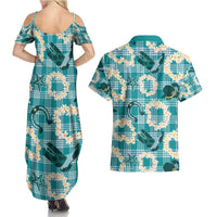 Aloha Hawaii Paniolo Teal Palaka Couples Matching Summer Maxi Dress and Hawaiian Shirt Coastal Rodeo - Polynesian Pride