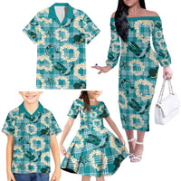 Aloha Hawaii Paniolo Teal Palaka Family Matching Off The Shoulder Long Sleeve Dress and Hawaiian Shirt Coastal Rodeo - Polynesian Pride