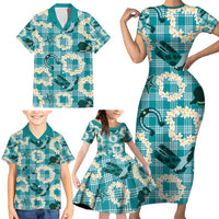 Aloha Hawaii Paniolo Teal Palaka Family Matching Short Sleeve Bodycon Dress and Hawaiian Shirt Coastal Rodeo - Polynesian Pride