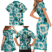 Aloha Hawaii Paniolo Teal Palaka Family Matching Short Sleeve Bodycon Dress and Hawaiian Shirt Coastal Rodeo - Polynesian Pride