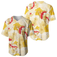 Beige Palaka Hawaii Aloha Baseball Jersey Koi Pond Mix Ilima Flowers LT7 - Polynesian Pride