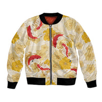 Beige Palaka Hawaii Aloha Bomber Jacket Koi Pond Mix Ilima Flowers - Polynesian Pride