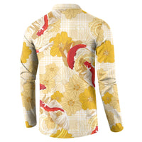 Beige Palaka Hawaii Aloha Button Sweatshirt Koi Pond Mix Ilima Flowers - Polynesian Pride