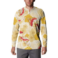 Beige Palaka Hawaii Aloha Button Sweatshirt Koi Pond Mix Ilima Flowers - Polynesian Pride