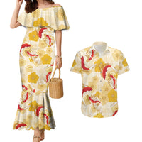 Beige Palaka Hawaii Aloha Couples Matching Mermaid Dress and Hawaiian Shirt Koi Pond Mix Ilima Flowers - Polynesian Pride