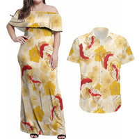 Beige Palaka Hawaii Aloha Couples Matching Off Shoulder Maxi Dress and Hawaiian Shirt Koi Pond Mix Ilima Flowers - Polynesian Pride