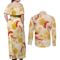 Beige Palaka Hawaii Aloha Couples Matching Off Shoulder Maxi Dress and Long Sleeve Button Shirt Koi Pond Mix Ilima Flowers - Polynesian Pride