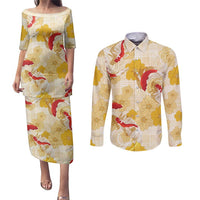 Beige Palaka Hawaii Aloha Couples Matching Puletasi and Long Sleeve Button Shirt Koi Pond Mix Ilima Flowers - Polynesian Pride