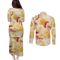 Beige Palaka Hawaii Aloha Couples Matching Puletasi and Long Sleeve Button Shirt Koi Pond Mix Ilima Flowers - Polynesian Pride