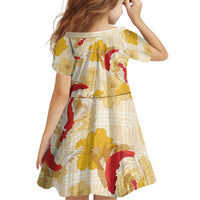 Beige Palaka Hawaii Aloha Family Matching Off The Shoulder Long Sleeve Dress and Hawaiian Shirt Koi Pond Mix Ilima Flowers LT7 - Polynesian Pride