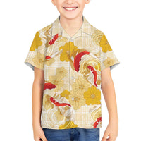 Beige Palaka Hawaii Aloha Family Matching Off The Shoulder Long Sleeve Dress and Hawaiian Shirt Koi Pond Mix Ilima Flowers LT7 - Polynesian Pride