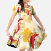 Beige Palaka Hawaii Aloha Family Matching Off Shoulder Maxi Dress and Hawaiian Shirt Koi Pond Mix Ilima Flowers LT7 Daughter's Dress Cream Yellow - Polynesian Pride