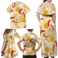 Beige Palaka Hawaii Aloha Family Matching Off Shoulder Maxi Dress and Hawaiian Shirt Koi Pond Mix Ilima Flowers - Polynesian Pride
