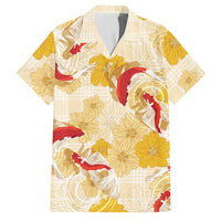 Beige Palaka Hawaii Aloha Family Matching Off Shoulder Maxi Dress and Hawaiian Shirt Koi Pond Mix Ilima Flowers LT7 Dad's Shirt - Short Sleeve Cream Yellow - Polynesian Pride