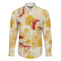 Beige Palaka Hawaii Aloha Family Matching Off Shoulder Maxi Dress and Hawaiian Shirt Koi Pond Mix Ilima Flowers LT7 Dad's Shirt - Long Sleeve Cream Yellow - Polynesian Pride