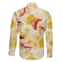 Beige Palaka Hawaii Aloha Family Matching Off Shoulder Short Dress and Hawaiian Shirt Koi Pond Mix Ilima Flowers LT7 - Polynesian Pride