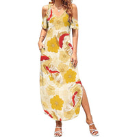 Beige Palaka Hawaii Aloha Family Matching Summer Maxi Dress and Hawaiian Shirt Koi Pond Mix Ilima Flowers - Polynesian Pride