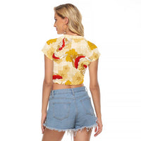 Beige Palaka Hawaii Aloha Raglan Cropped T Shirt Koi Pond Mix Ilima Flowers LT7 - Polynesian Pride