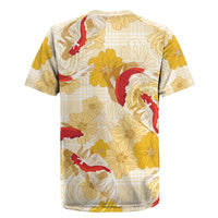 Beige Palaka Hawaii Aloha Rugby Jersey Koi Pond Mix Ilima Flowers - Polynesian Pride