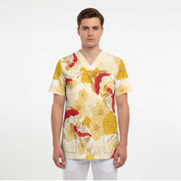 Beige Palaka Hawaii Aloha Scrub Top Koi Pond Mix Ilima Flowers - Polynesian Pride