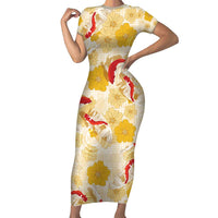 Beige Palaka Hawaii Aloha Short Sleeve Bodycon Dress Koi Pond Mix Ilima Flowers - Polynesian Pride