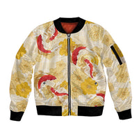Beige Palaka Hawaii Aloha Sleeve Zip Bomber Jacket Koi Pond Mix Ilima Flowers - Polynesian Pride