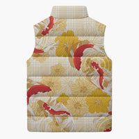 Beige Palaka Hawaii Aloha Sleeveless Puffer Jacket Koi Pond Mix Ilima Flowers - Polynesian Pride