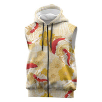 Beige Palaka Hawaii Aloha Sleeveless Zip Hoodie Koi Pond Mix Ilima Flowers LT7 Cream Yellow - Polynesian Pride
