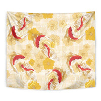 Beige Palaka Hawaii Aloha Tapestry Koi Pond Mix Ilima Flowers - Polynesian Pride