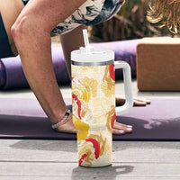Beige Palaka Hawaii Aloha Tumbler With Handle Koi Pond Mix Ilima Flowers - Polynesian Pride