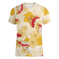 Beige Palaka Hawaii Aloha Women V-Neck T-Shirt Koi Pond Mix Ilima Flowers LT7 Female Cream Yellow - Polynesian Pride