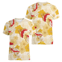 Beige Palaka Hawaii Aloha Women V-Neck T-Shirt Koi Pond Mix Ilima Flowers - Polynesian Pride