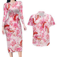 Pink Palaka Hawaii Aloha Couples Matching Long Sleeve Bodycon Dress and Hawaiian Shirt Koi Pond Mix Sakura - Polynesian Pride