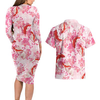 Pink Palaka Hawaii Aloha Couples Matching Long Sleeve Bodycon Dress and Hawaiian Shirt Koi Pond Mix Sakura - Polynesian Pride