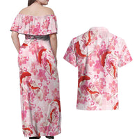 Pink Palaka Hawaii Aloha Couples Matching Off Shoulder Maxi Dress and Hawaiian Shirt Koi Pond Mix Sakura - Polynesian Pride
