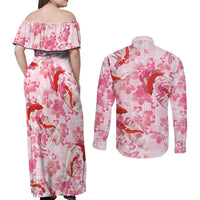 Pink Palaka Hawaii Aloha Couples Matching Off Shoulder Maxi Dress and Long Sleeve Button Shirt Koi Pond Mix Sakura - Polynesian Pride