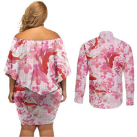 Pink Palaka Hawaii Aloha Couples Matching Off Shoulder Short Dress and Long Sleeve Button Shirt Koi Pond Mix Sakura - Polynesian Pride