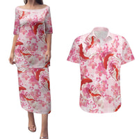 Pink Palaka Hawaii Aloha Couples Matching Puletasi and Hawaiian Shirt Koi Pond Mix Sakura - Polynesian Pride