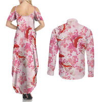 Pink Palaka Hawaii Aloha Couples Matching Summer Maxi Dress and Long Sleeve Button Shirt Koi Pond Mix Sakura LT7 - Polynesian Pride