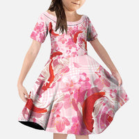 Pink Palaka Hawaii Aloha Family Matching Off Shoulder Maxi Dress and Hawaiian Shirt Koi Pond Mix Sakura - Polynesian Pride