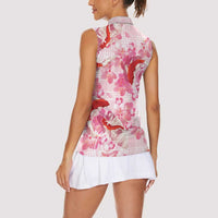 Pink Palaka Hawaii Aloha Women Sleeveless Polo Shirt Koi Pond Mix Sakura - Polynesian Pride