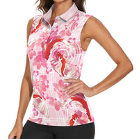 Pink Palaka Hawaii Aloha Women Sleeveless Polo Shirt Koi Pond Mix Sakura - Polynesian Pride