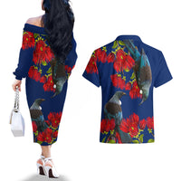 New Zealand Pohutukawa with Tui Birds Couples Matching Off The Shoulder Long Sleeve Dress and Hawaiian Shirt Version 2 LT7 - Polynesian Pride
