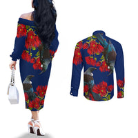 New Zealand Pohutukawa with Tui Birds Couples Matching Off The Shoulder Long Sleeve Dress and Long Sleeve Button Shirt Version 2 LT7 - Polynesian Pride