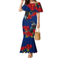New Zealand Pohutukawa with Tui Birds Family Matching Mermaid Dress and Hawaiian Shirt Version 2 LT7 Mom's Dress Blue - Polynesian Pride